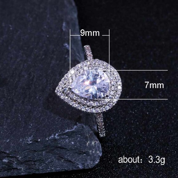 "Wedding Large Pear Double Layer Water Drop Silver Ring for Women, VIP505 - Picture 3 of 10
